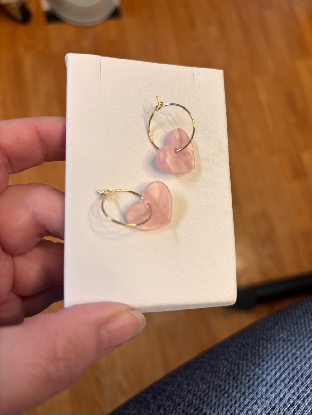 New Gold Hoop Earrings with Pink Heart Pendants